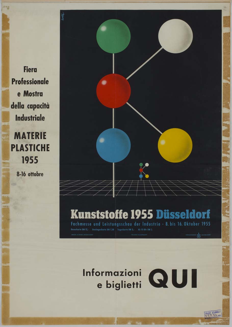 sfere colorate e tratti come legami molecolari disegnano due lettere K attraverso una griglia prospettica (manifesto) di Roth Richard (sec. XX)