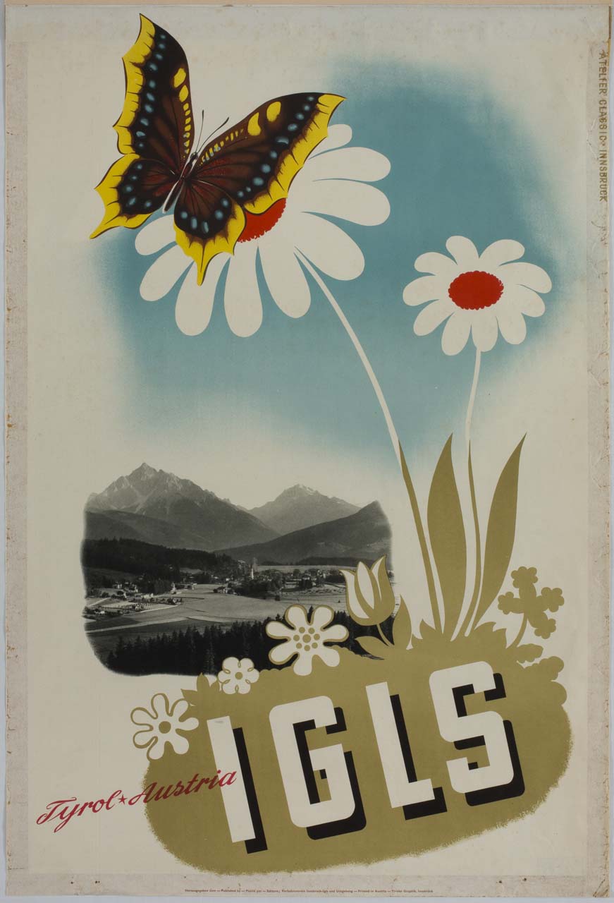 farfalla posata su un fiore e veduta fotografica di Igls sullo sfondo (manifesto) di Atelier Classic (sec. XX)