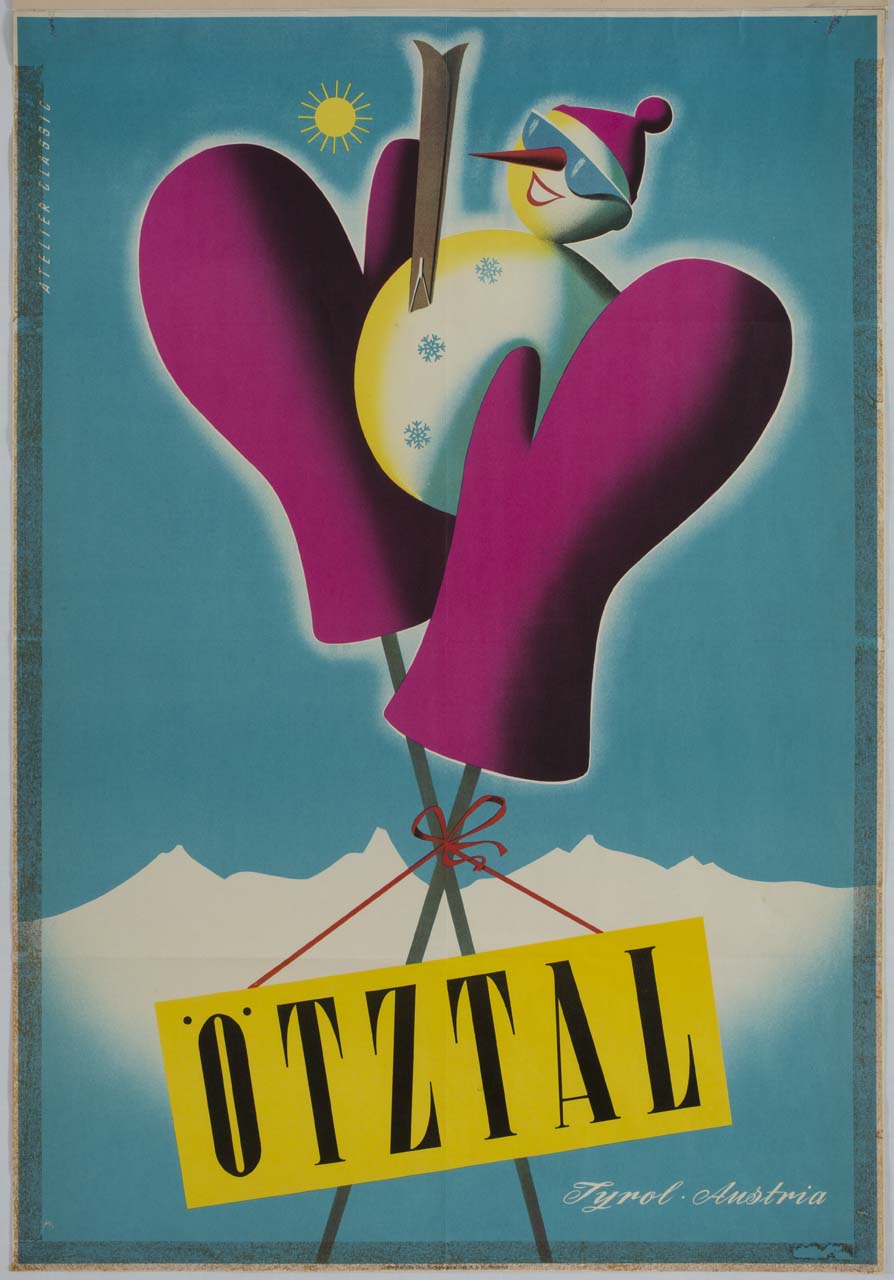 cartello segnaletico appeso a due bastoni su cui due guanti sorreggono un pupazzo di neve (manifesto) di Atelier Classic (sec. XX)