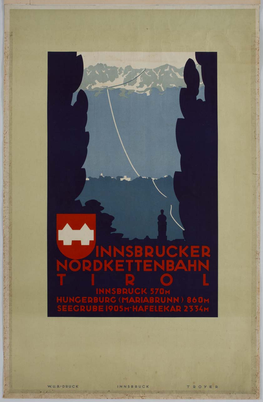 veduta della funivia di Innsbruck e stemma stilizzato della città (manifesto) di Troyer Johannes (sec. XX)