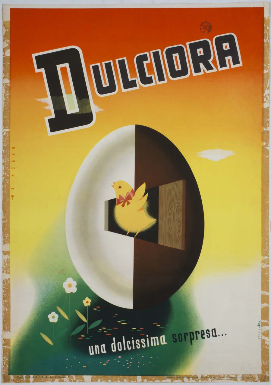 pulcino esce da un uovo di pasqua bicolore (manifesto) di Dabovich Giorgio, Studio Aloi (sec. XX)