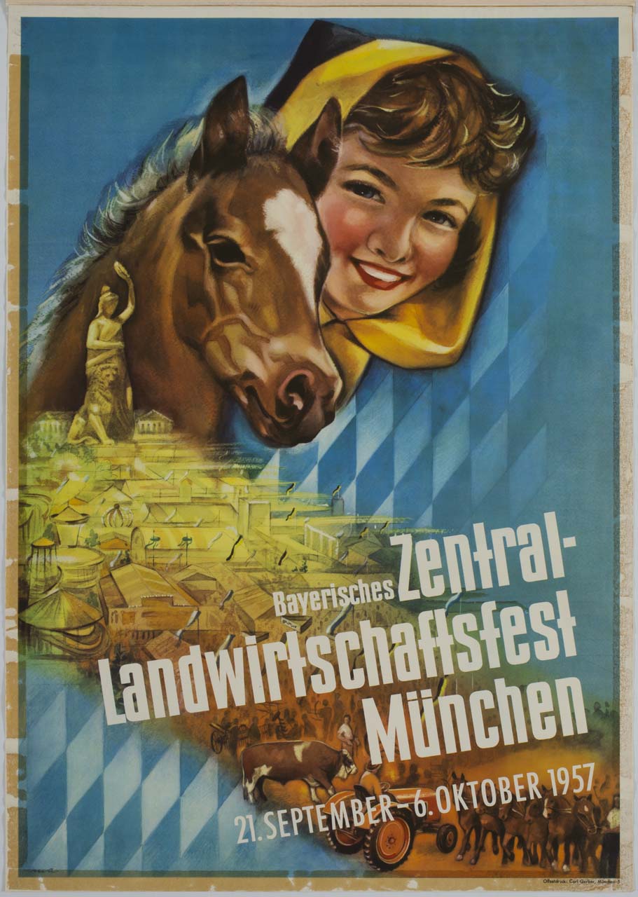 donna e cavallo sullo sfondo della bandiera bavarese e veduta dei padiglioni fieristici (manifesto) - ambito tedesco (sec. XX)