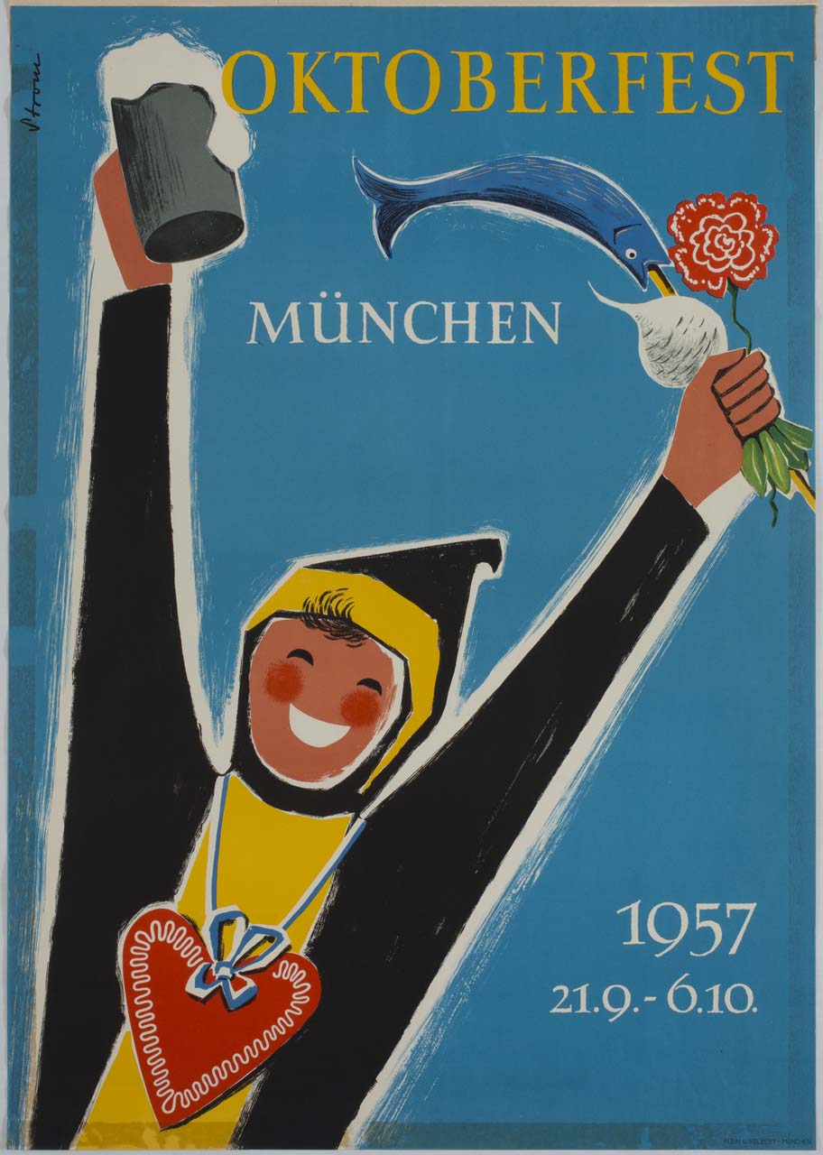 uomo esultante alza un boccale di birra, una rapa, uno sgombro e un fiore (manifesto) di Strom Ernst (sec. XX)