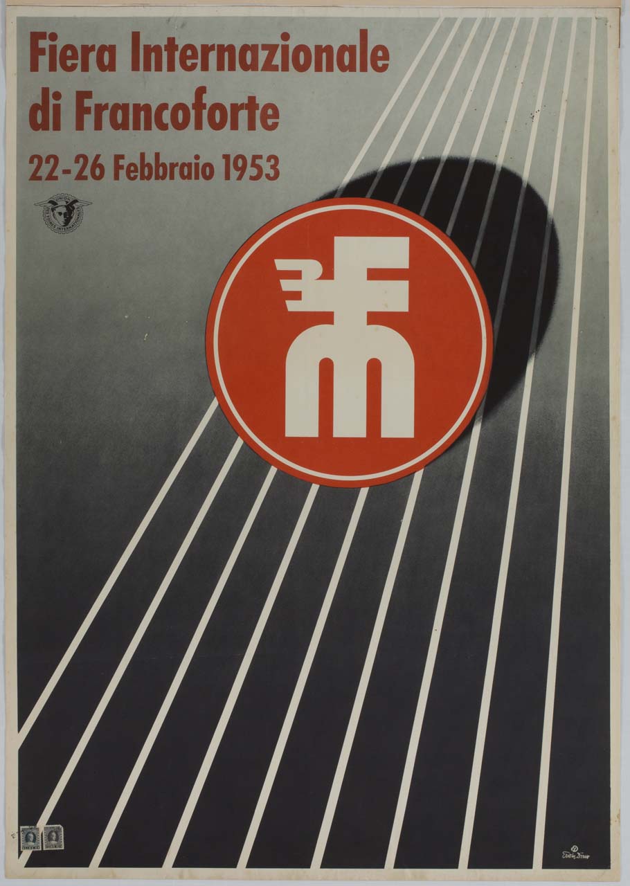 logo della Fiera di Francoforte proietta la sua ombra su un fascio di raggi (manifesto) di Deriss Erwin (sec. XX)