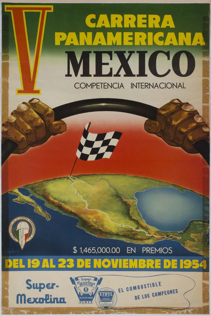 mani sul volante sopra il traguardo di una gara attraverso il Messico (manifesto) di Aguilar (?) - ambito messicano (sec. XX)