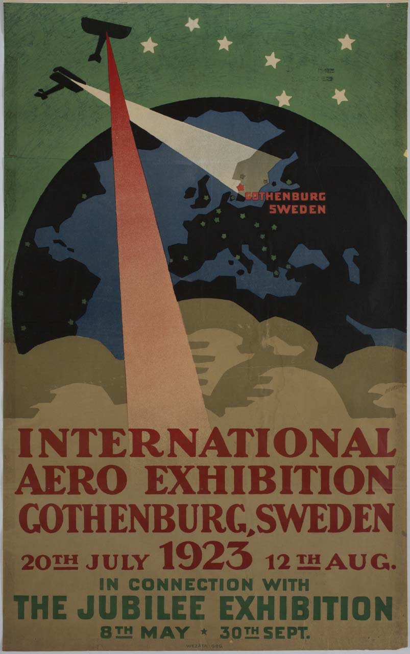 due aeroplani in volo sul globo terrestre illuminano la Svezia e le scritte sopra le nubi (manifesto) di Meurling Carl Oskar Bernhard - ambito svedese (sec. XX)