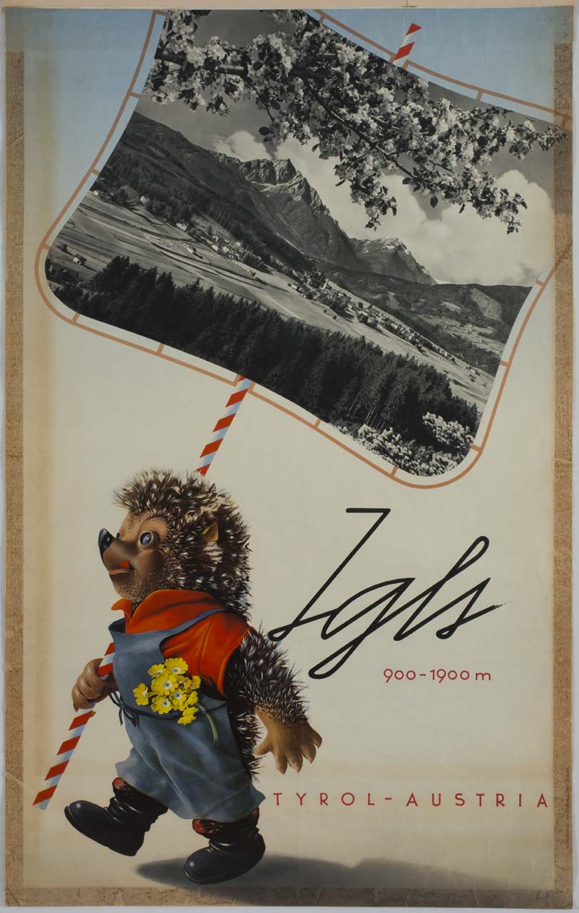 riccio porta un cartello con fotografia della vallata di Igls (manifesto) di Hable Josef - ambito austriaco (sec. XX)