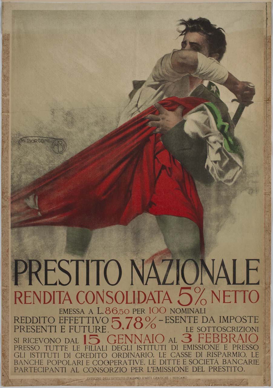 soldato difende con la baionetta la bandiera italiana stretta al petto (manifesto) di Borgoni Mario (sec. XX)