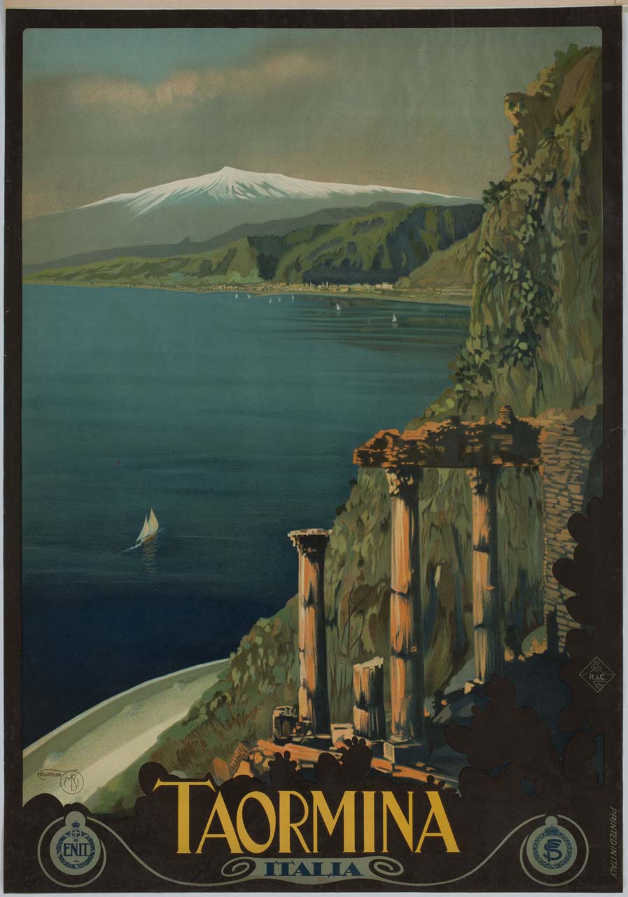 veduta del Mar Ionio con Taormina e l'Etna (manifesto) di Borgoni Mario (primo quarto sec. XX)