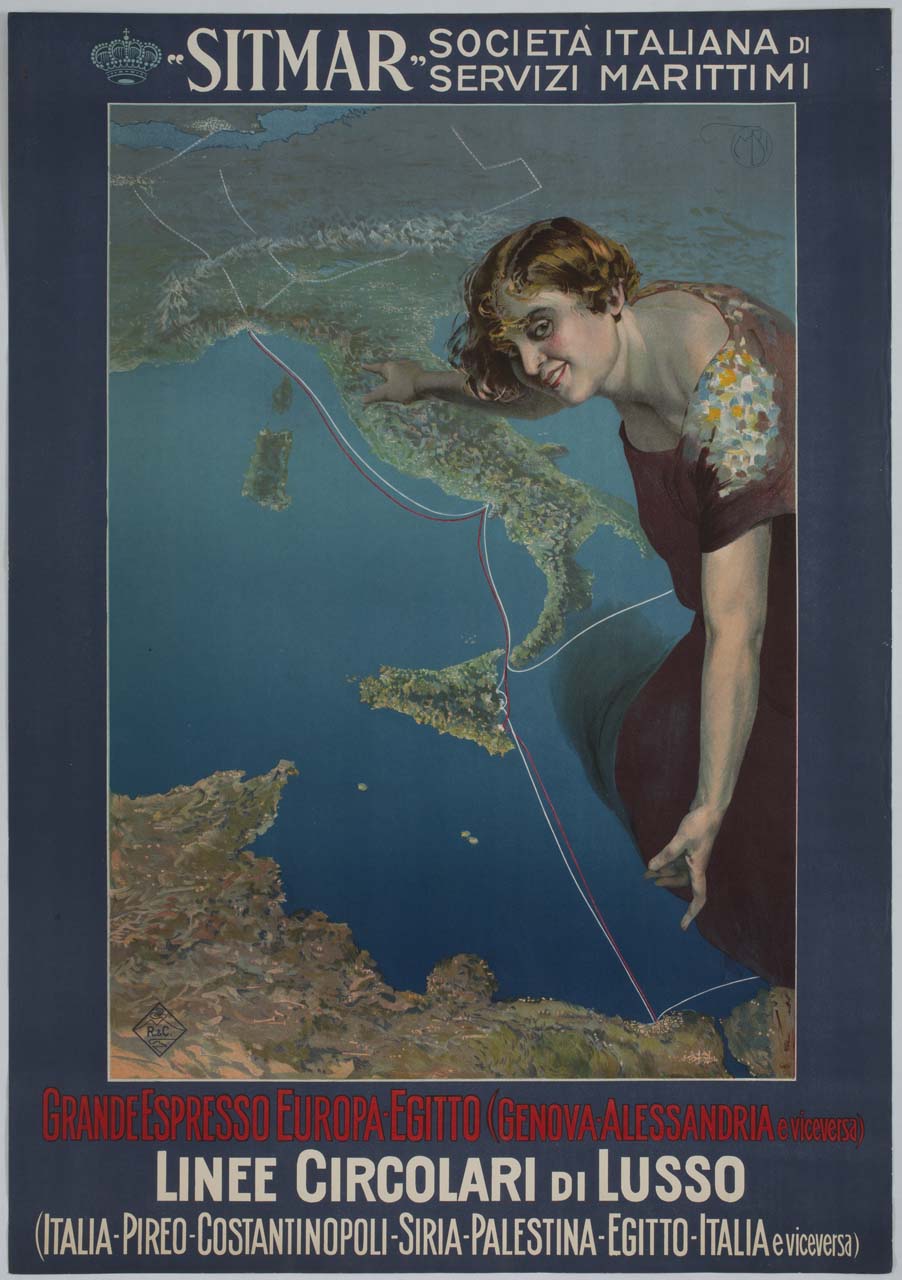 donna indica la carta geografica dell'Italia (manifesto) di Borgoni Mario (primo quarto sec. XX)