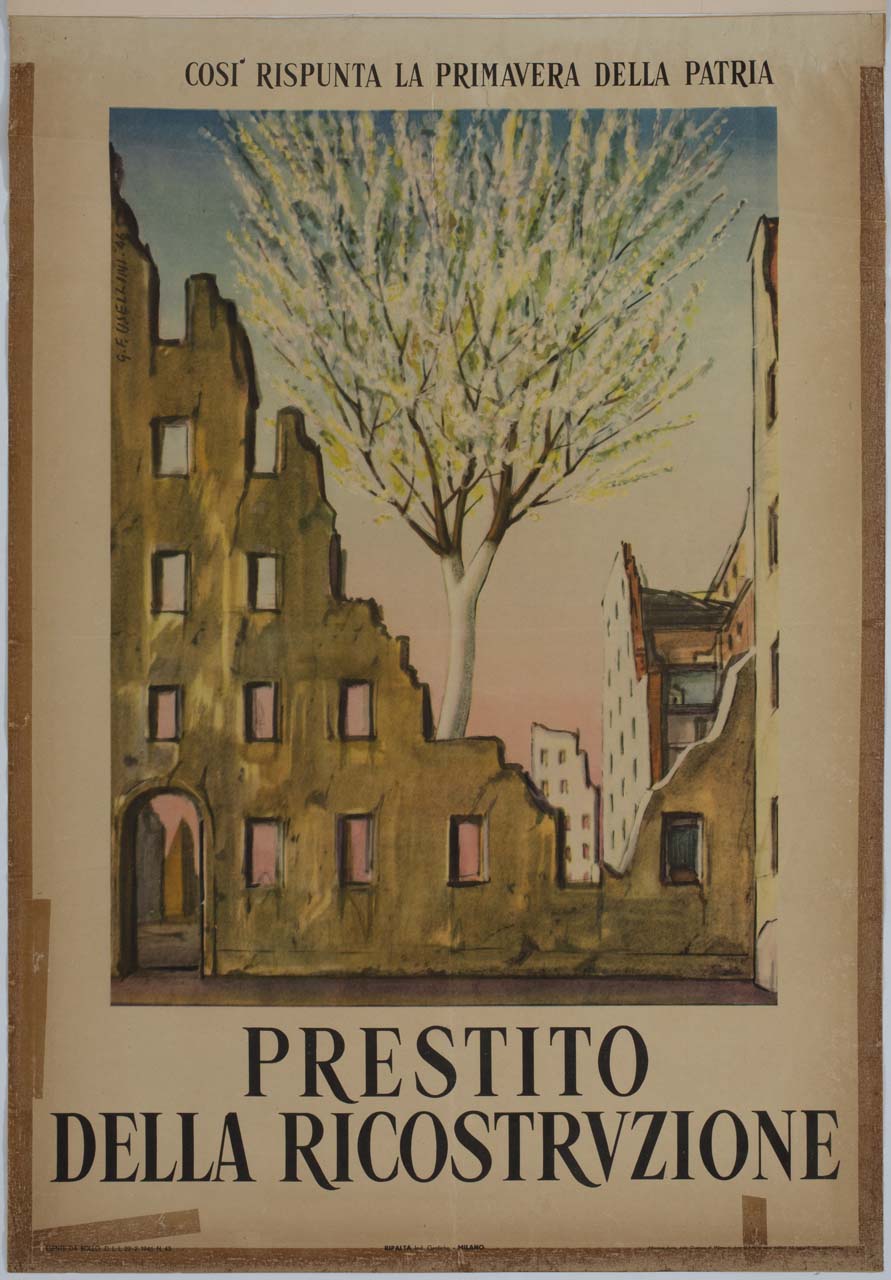 albero fiorito tra case bombardate (manifesto) di Usellini Gianfilippo (sec. XX)