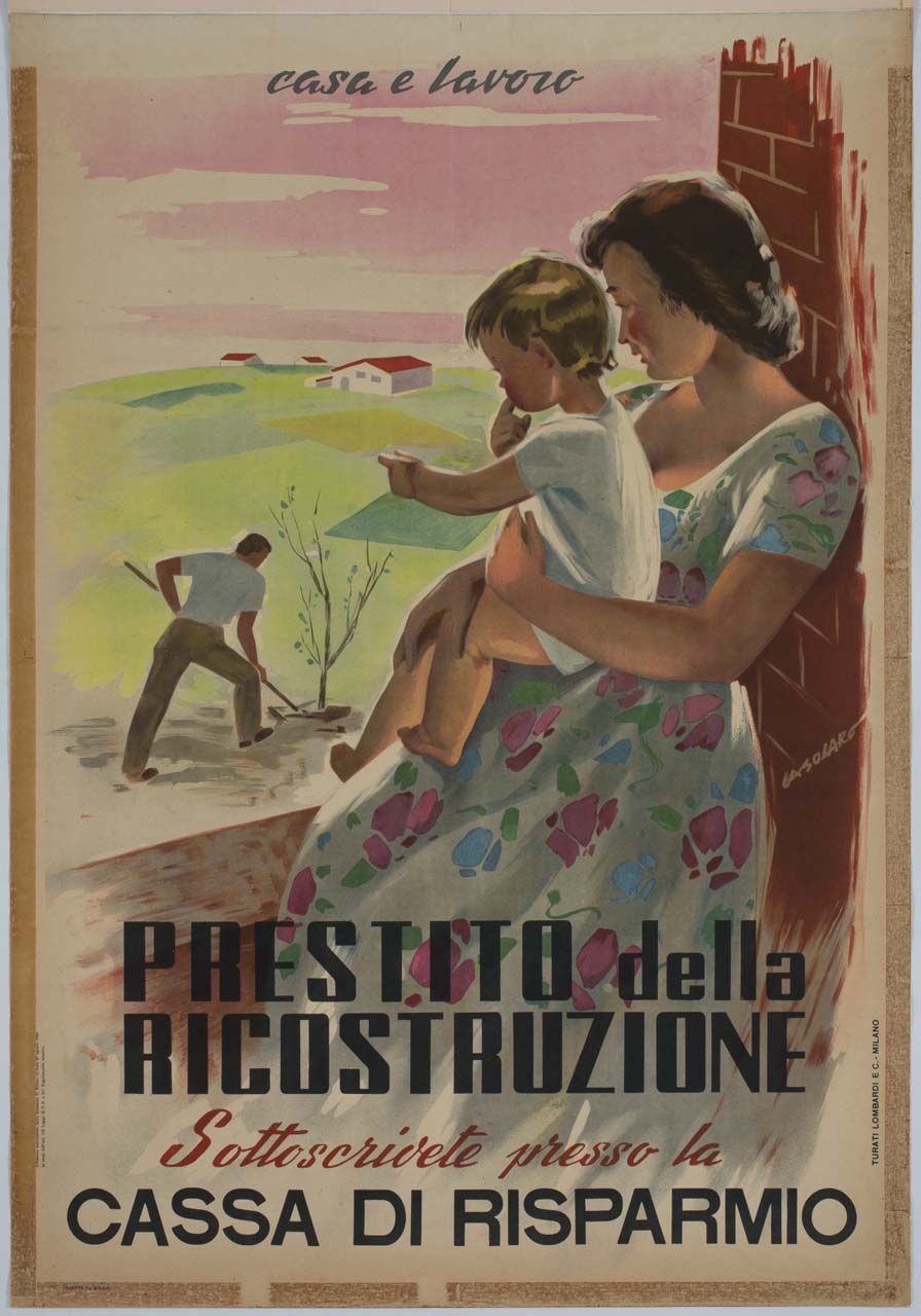 donna con bambino guardano un uomo che pianta un albero (manifesto) di Casolaro Giuseppe (sec. XX)