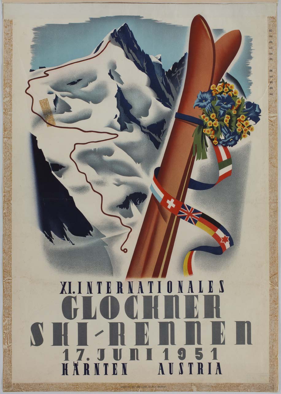 montagna con un paio di sci uniti da un nastro con bandiere mondiali e mazzetto di fiori (manifesto) di Ebner Heinrich (sec. XX)