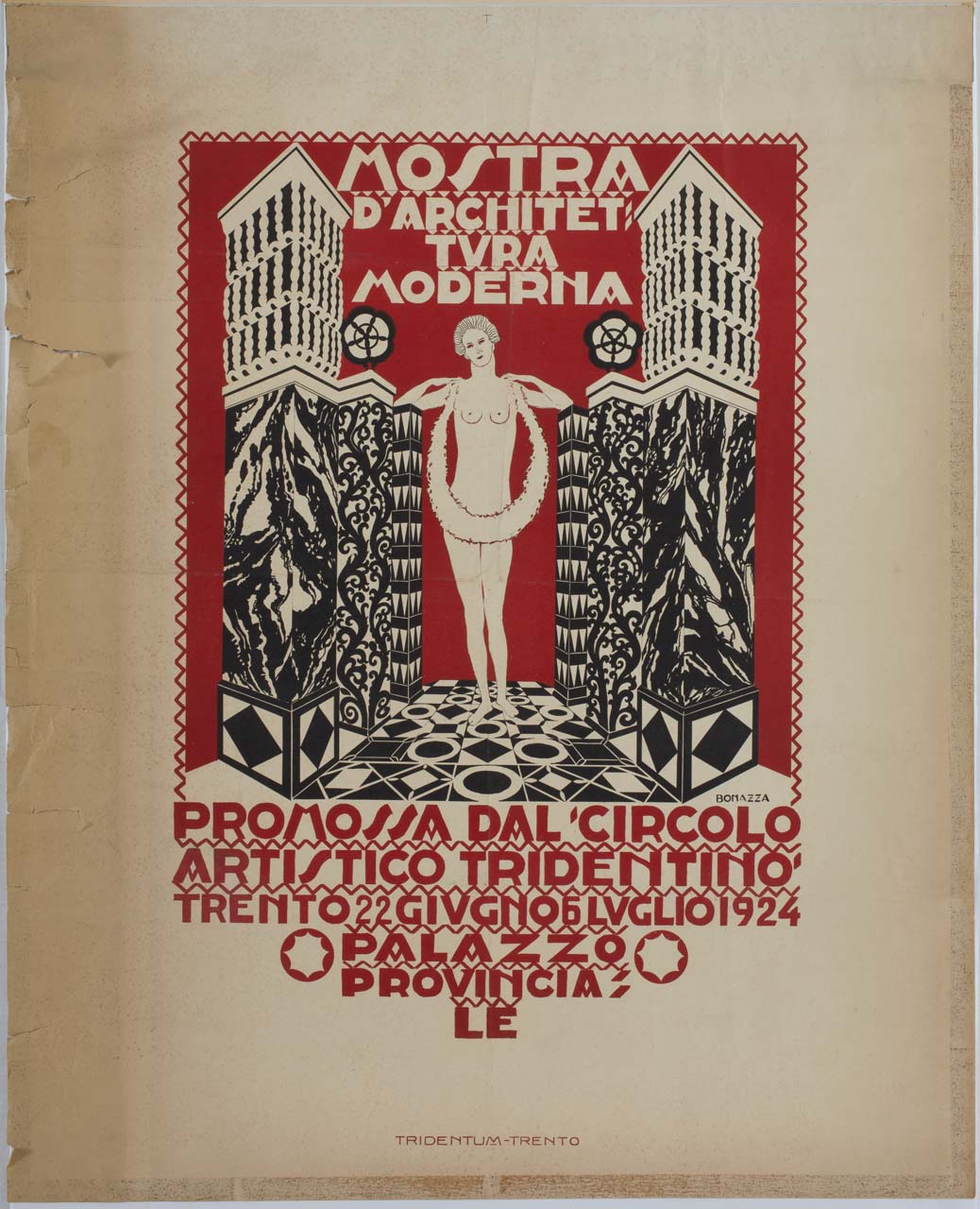 figura femminile nuda tra architetture si orna con una corona di alloro (manifesto) di Bonazza Luigi (sec. XX)