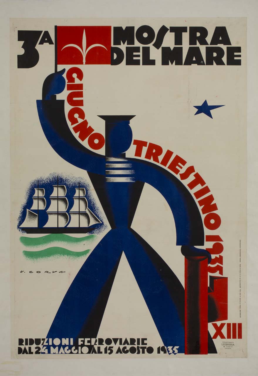 marinaio stilizzato con bandierina e fascio littorio sullo sfondo di un piccolo veliero (manifesto) di Corva Urbano (sec. XX)