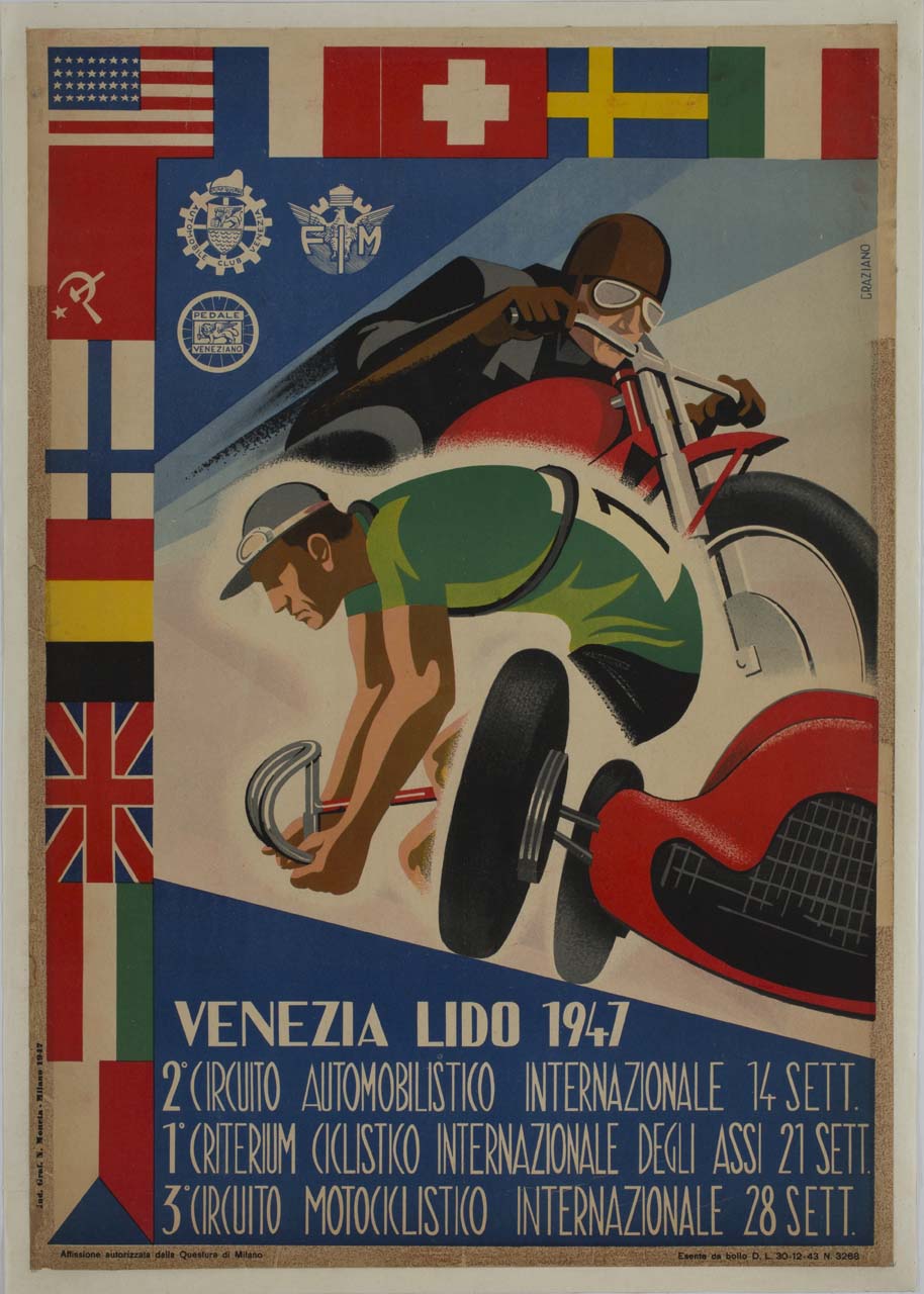 ciclista con motociclista e automobile da corsa tra bandiere internazionali (manifesto) di Graziano (sec. XX)