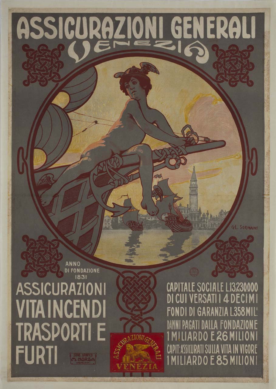 tondo con mercurio che annoda l'ancora sullo sfondo di Venezia (manifesto) di Sormani Gian Luciano (sec. XX)