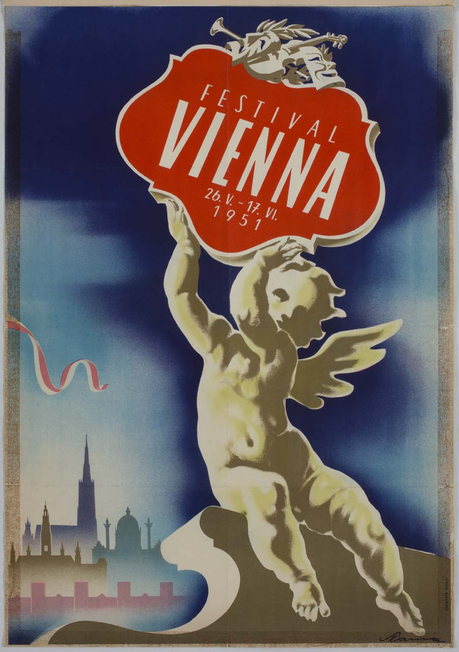 putto sostiene insegna del Festival di Vienna e profilo della città (manifesto) di Slama Victor Theodor (sec. XX)