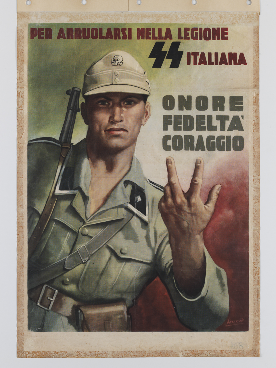 soldato atteggia la mano sinistra al numero tre (manifesto) di Boccasile Gino (sec. XX)