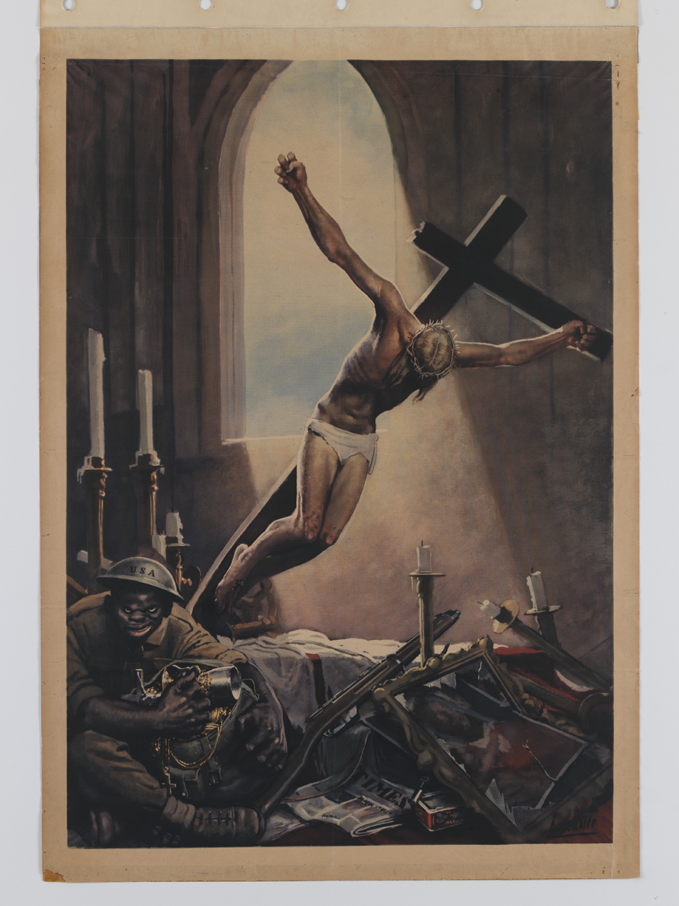 soldato americano di colore trafuga oggetti da una chiesa mentre un crocifisso cade a terra (manifesto) di Boccasile Gino (sec. XX)
