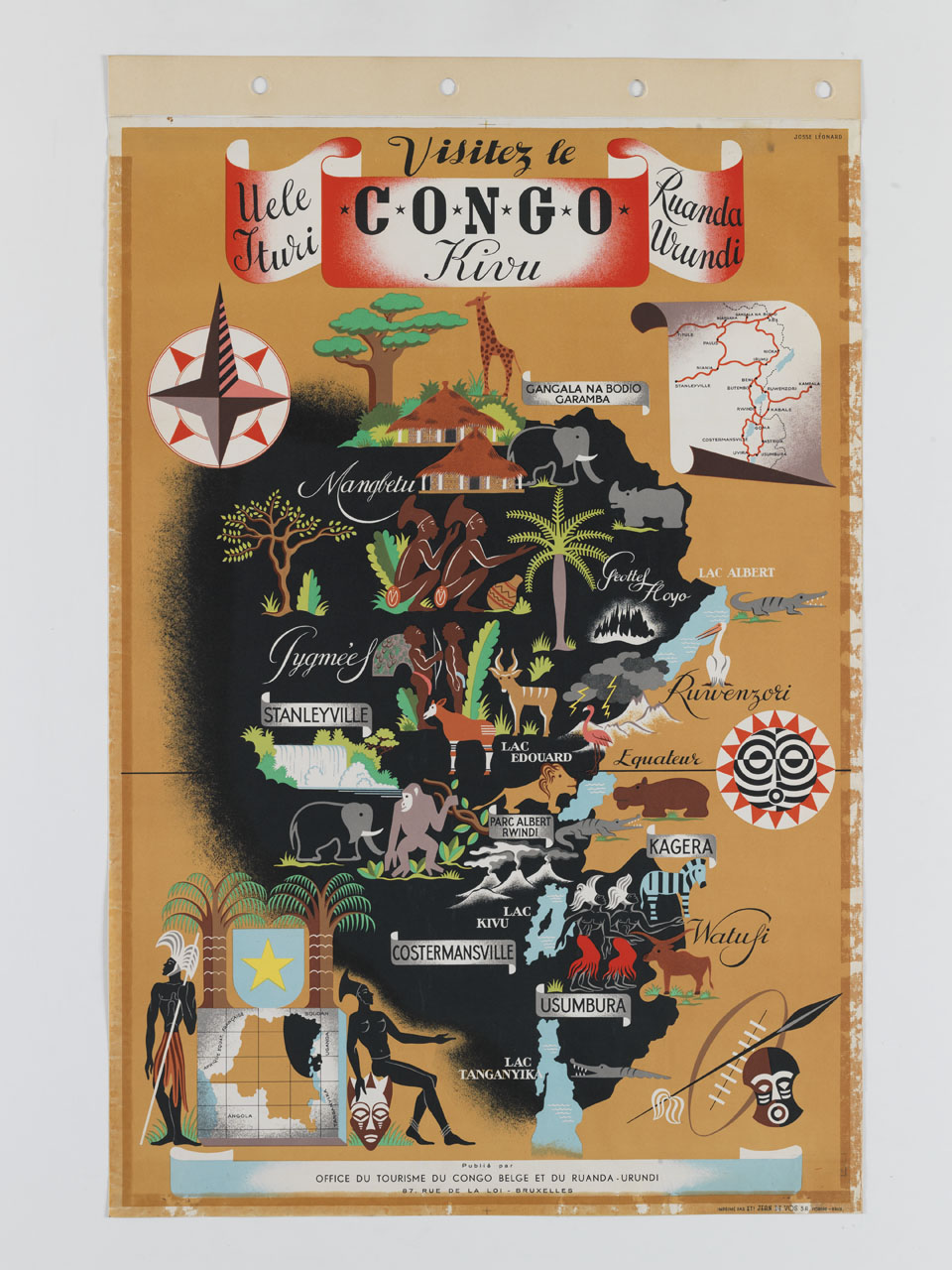 cartina geografica del Congo con icone indicanti le località turistiche (manifesto) di Josse Leonard (sec. XX)