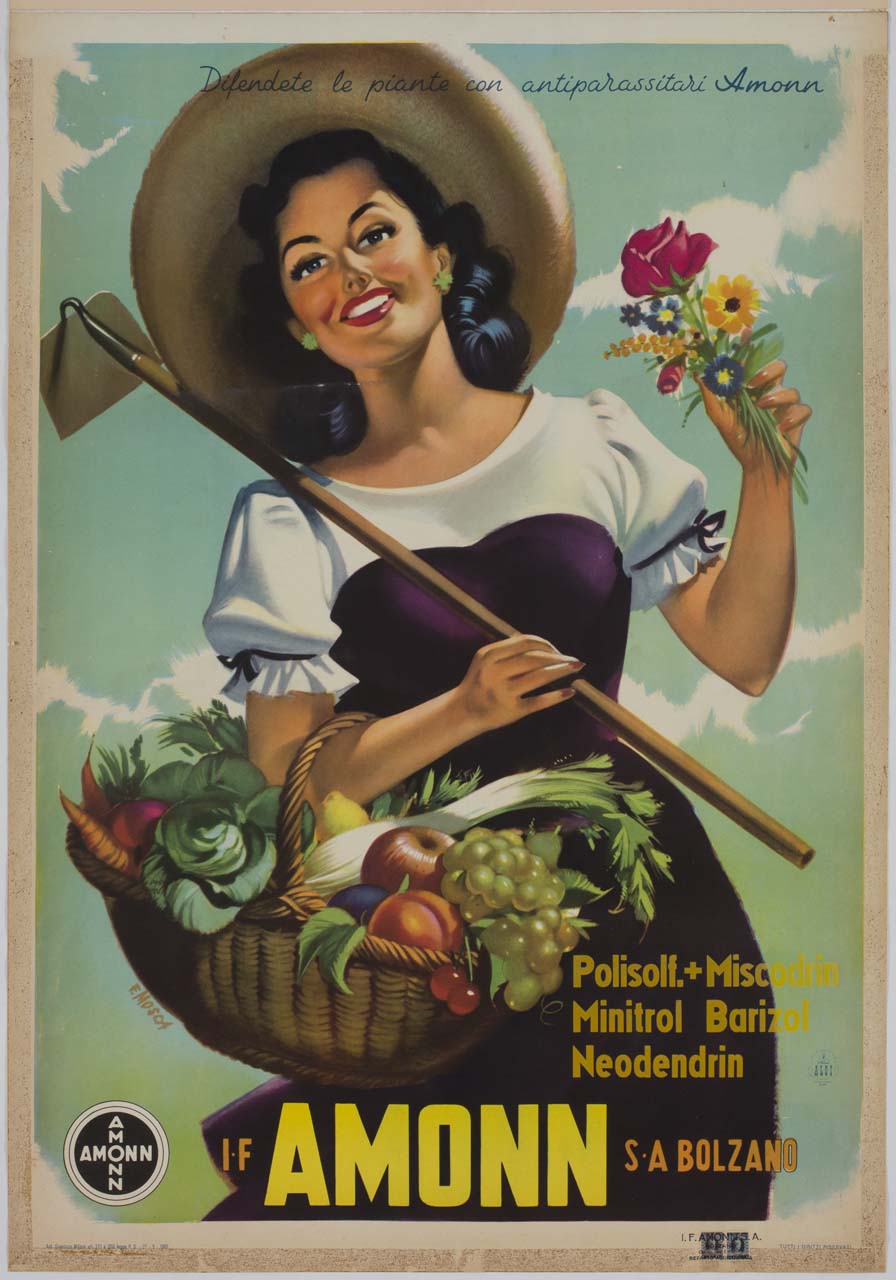 donna con cesto di ortaggi al braccio, zappa sulla spalla e mazzolino di fiori in mano (manifesto) di Mosca Franco, Studio Aloi (sec. XX)