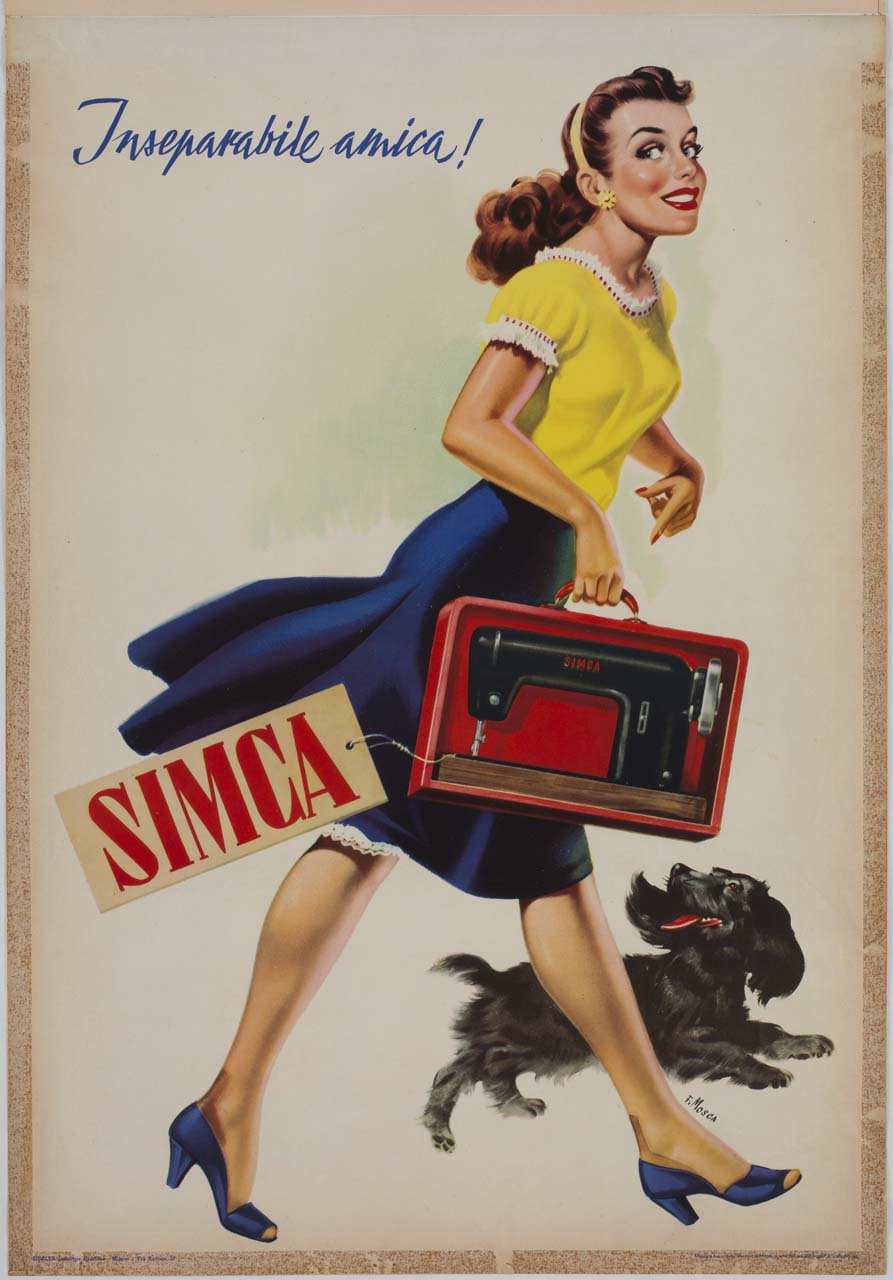 donna passeggia con in mano una macchina per cucire accompagnata da un cane (manifesto) di Mosca Franco (sec. XX)