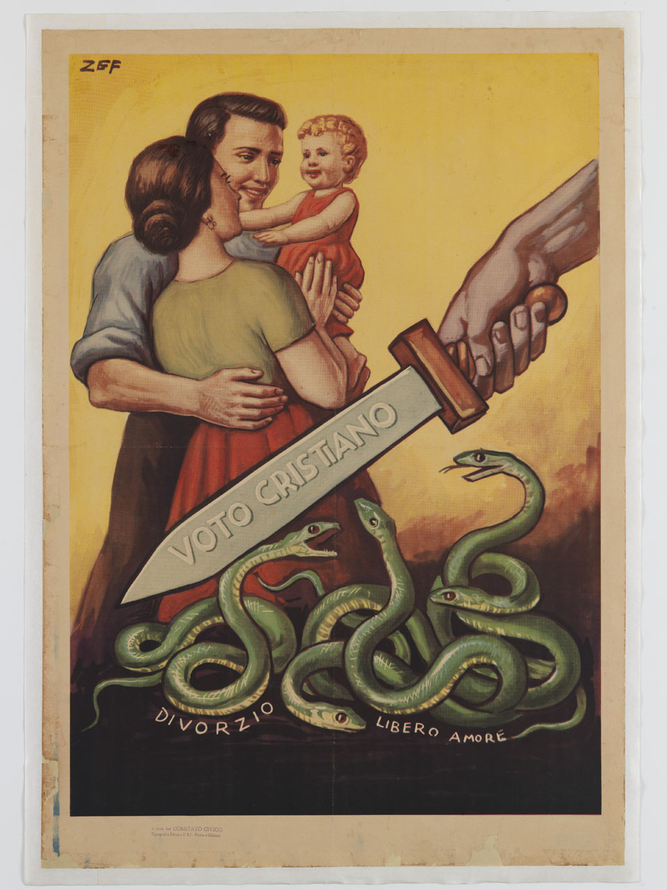 spada protegge una famiglia dalla minaccia di serpenti (manifesto) di Zef - ambito italiano (sec. XX)