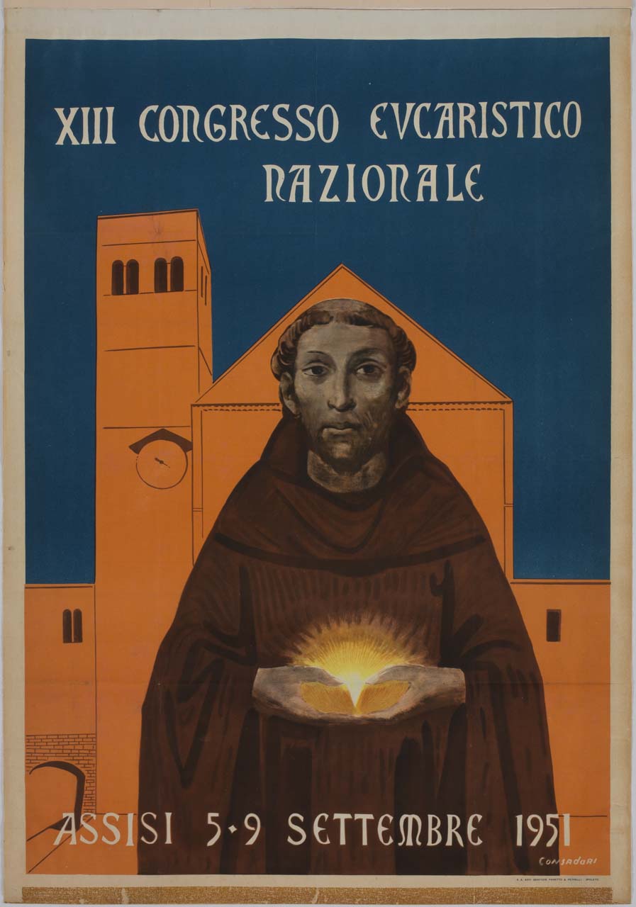 san Francesco tiene con le due mani una ciotola con l'Eucarestia davanti alla cattedrale di San Rufino di Assisi (manifesto) di Consadori Silvio (sec. XX)