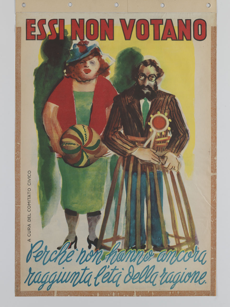 donna con una palla e uomo con una sottogonna (manifesto) - ambito italiano (sec. XX)