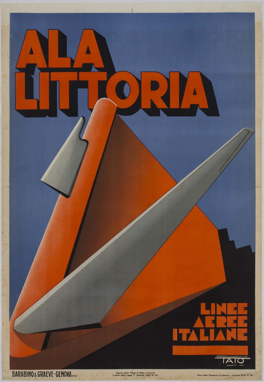 ala di aeroplano e fascio littorio (manifesto) di Sansoni Guglielmo detto Tato (sec. XX)