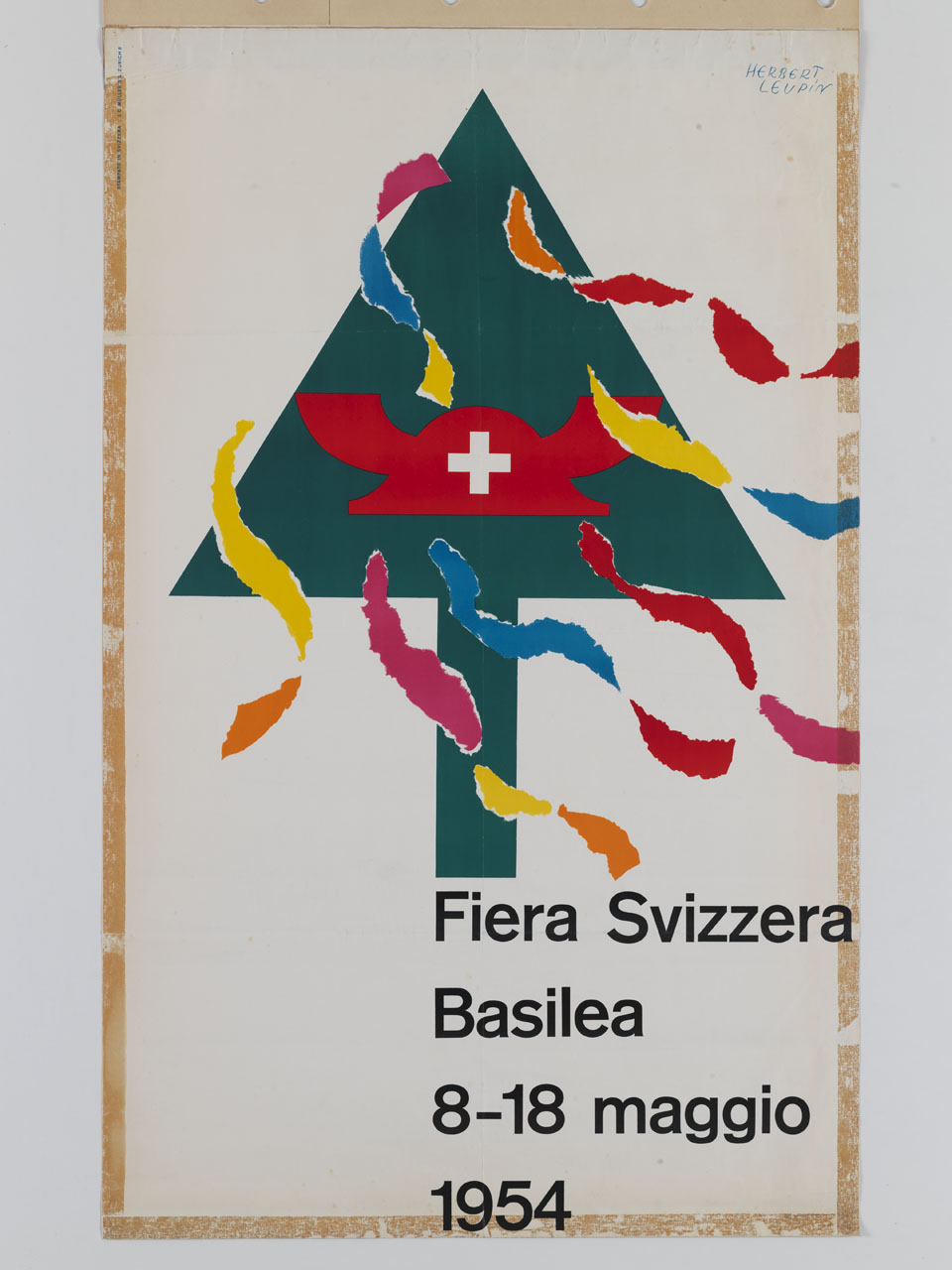 sagoma di pino decorato con nastri colorati e marchio della Fiera Svizzera Basilea e da nastri colorati (manifesto) di Leupin Herbert (sec. XX)
