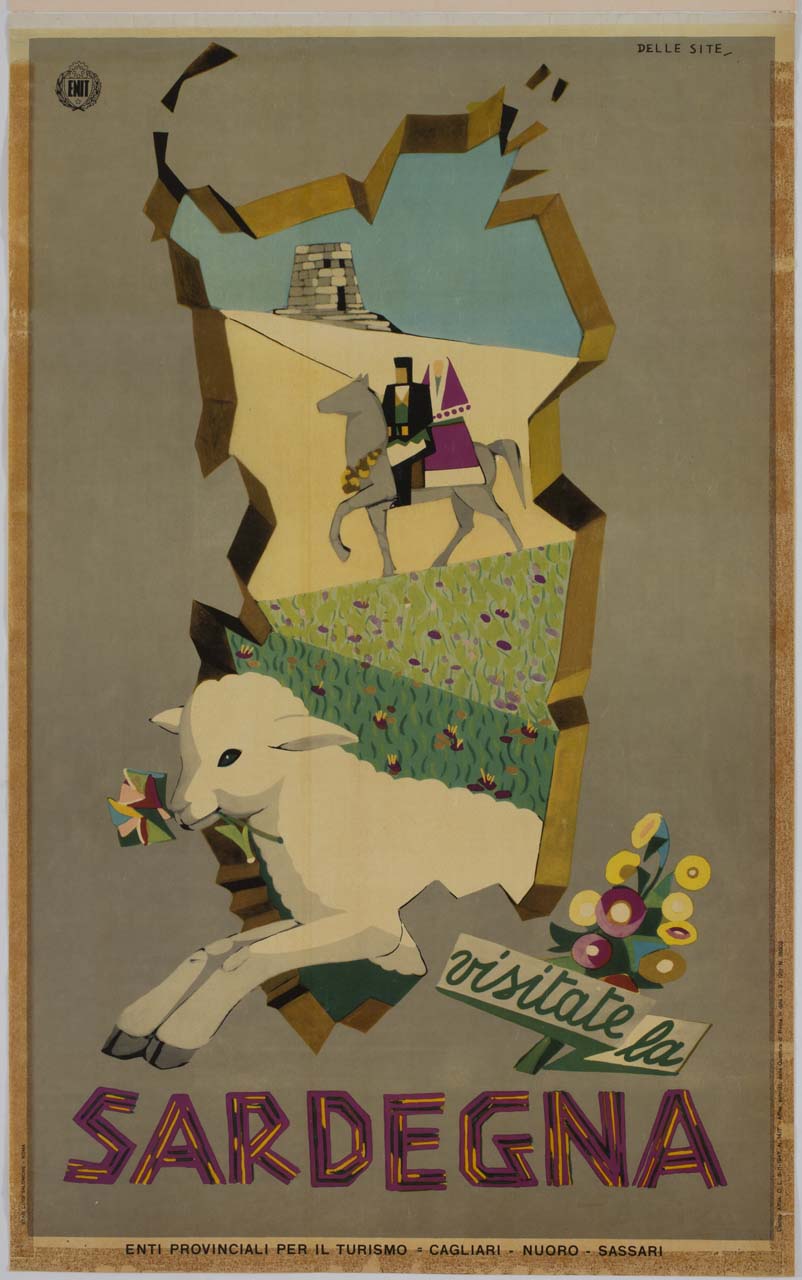 agnello salta attraverso uno squarcio a forma di Sardegna, dietro cui una coppia in costume tradizionale passa a cavallo sotto un nuraghe (manifesto) di Delle Site Mino (sec. XX)