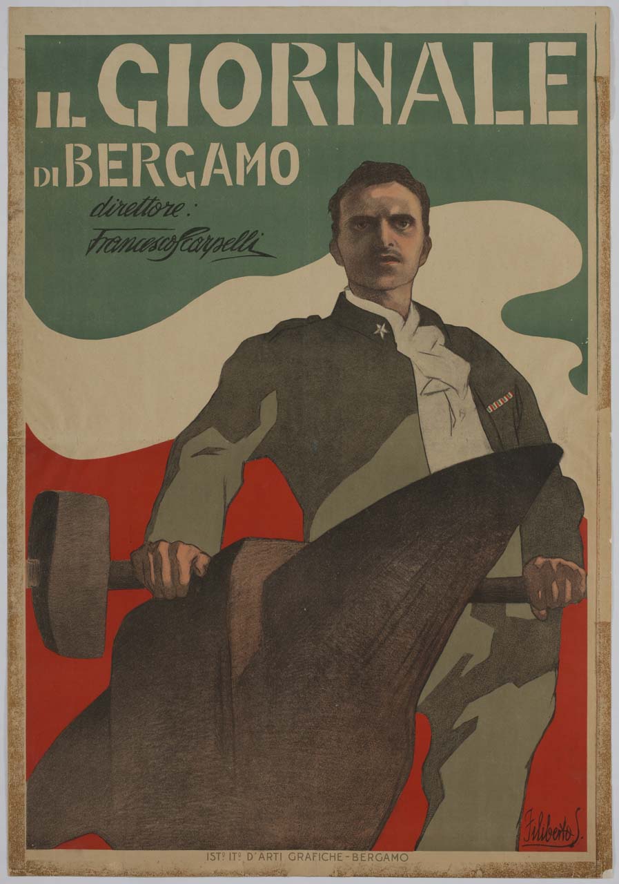 militare con le mani sul manico di un martello poggiato su un'incudine, su sfondo tricolore (manifesto) di Scarpelli Filiberto (sec. XX)