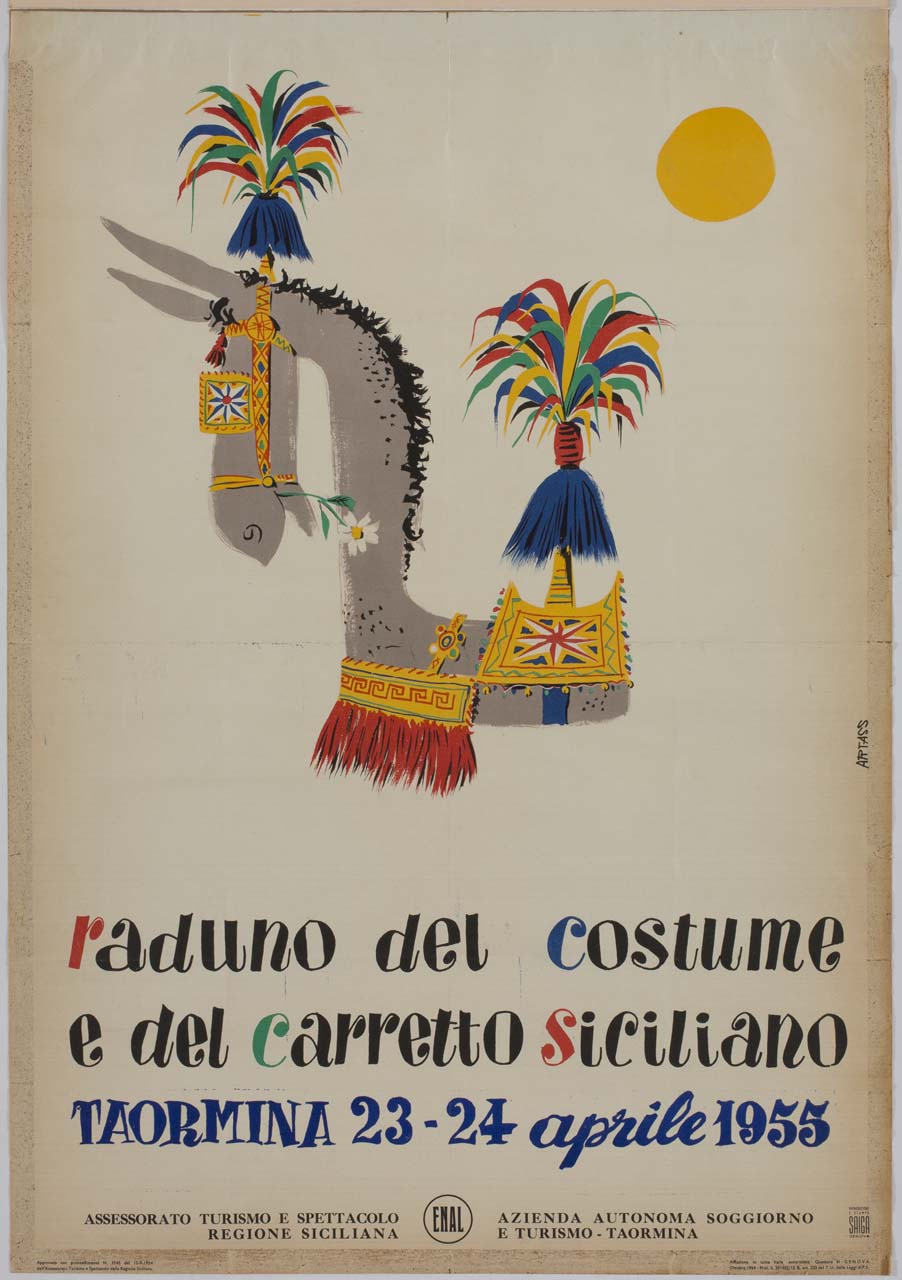 asino bardato con finimenti decorati e pennacchi (manifesto) di Studio Artass Croce (sec. XX)