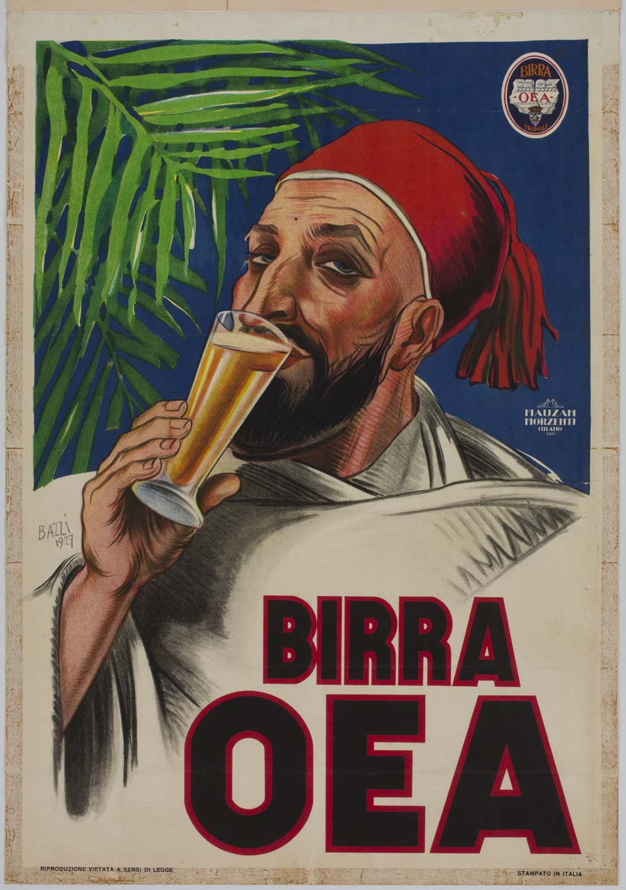 uomo con Fez beve una birra (manifesto) di Bazzi Mario (sec. XX)