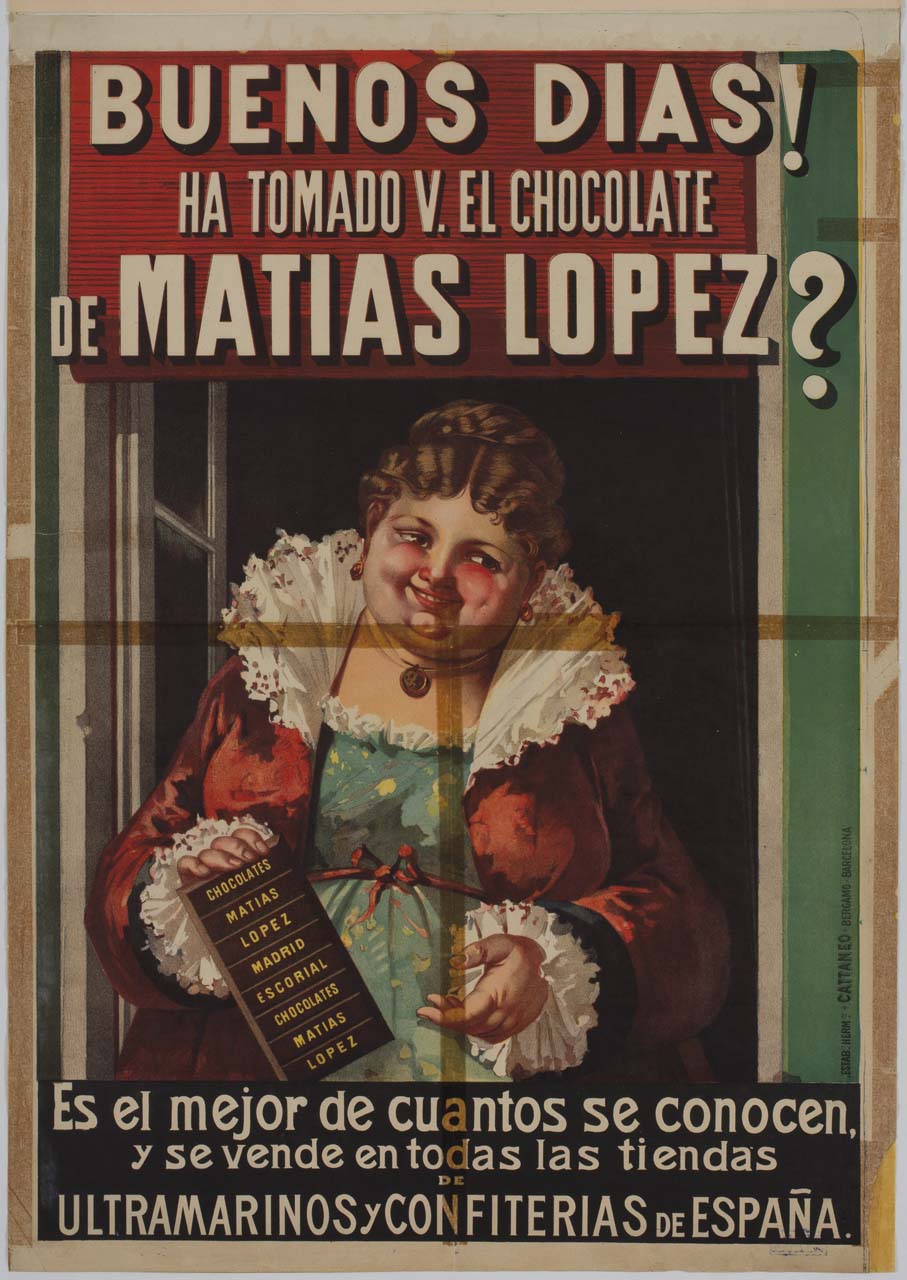 donna alla finestra con tavoletta di cioccolata in mano (manifesto) - ambito spagnolo, ambito italiano (fine/ inizio secc. XIX/ XX)