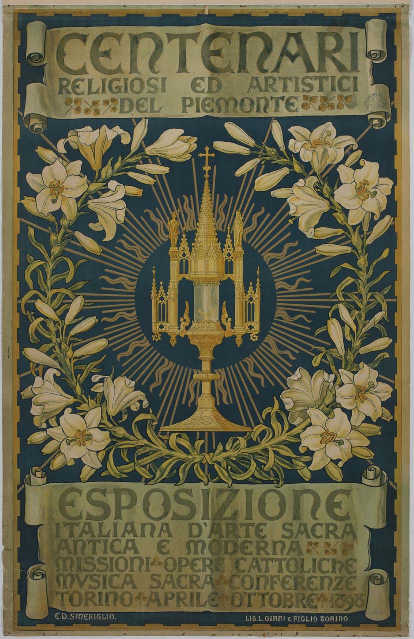 ostensorio circondato da corona di gigli (manifesto) di Smeriglio Ernesto Domenico (sec. XIX)