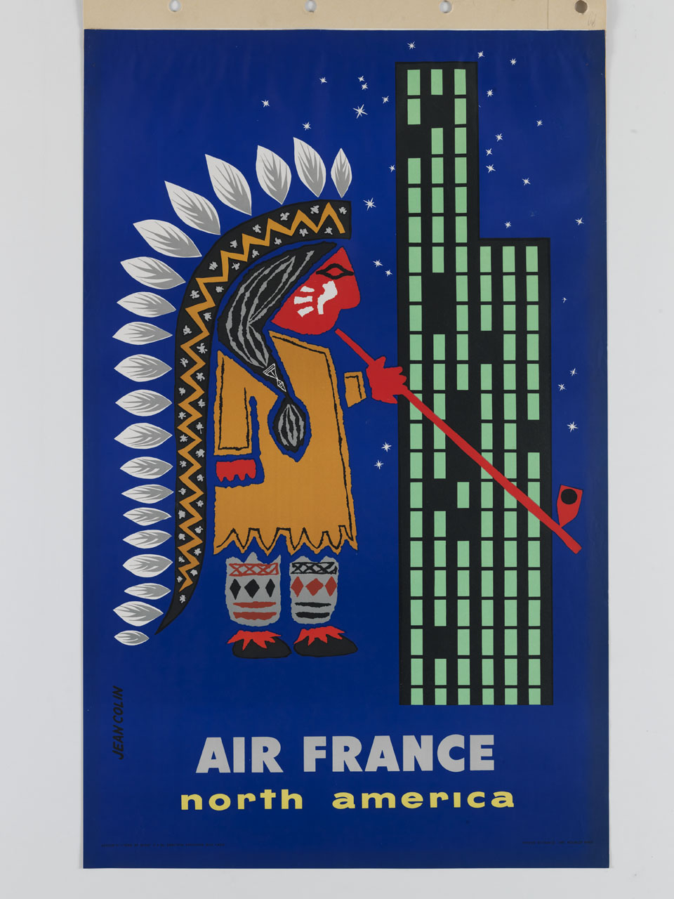 indiano d'America fuma una pipa sullo sfondo di un grattacielo (manifesto) di Colin Jean (sec. XX)