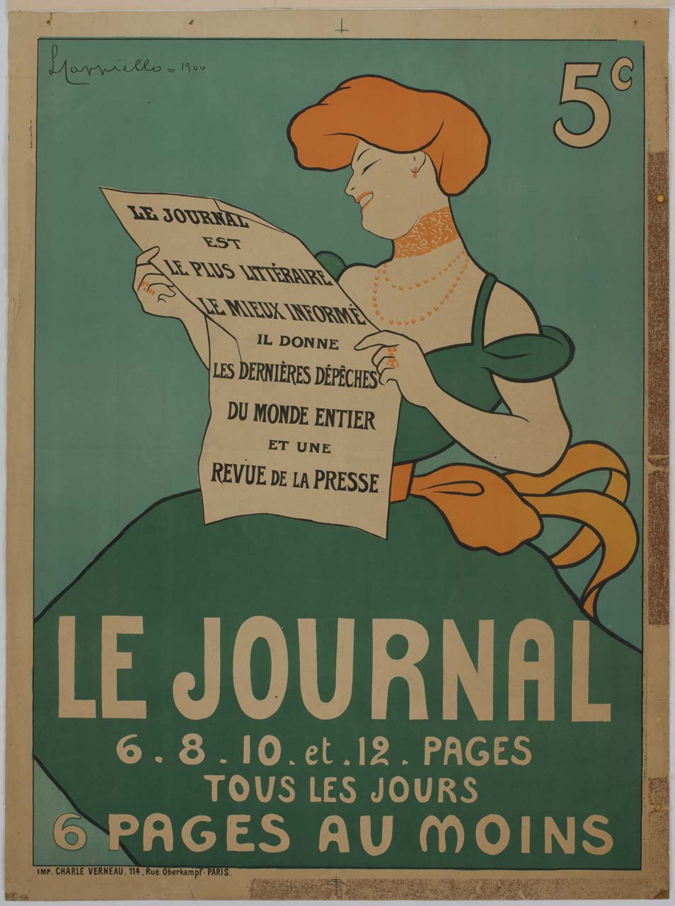 donna in abito lungo legge il giornale (manifesto) di Cappiello Leonetto (sec. XX)