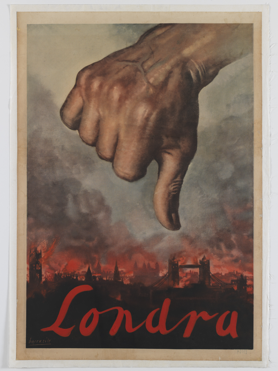 mano con il pollice verso sopra una veduta di Londra in fiamme (manifesto) di Boccasile Gino (sec. XX)