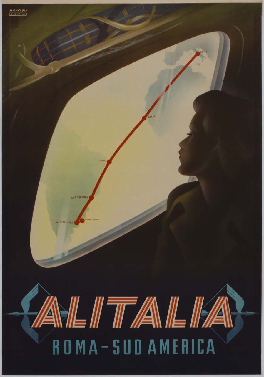 donna guarda dal finestrino di un aereo una rotta transatlantica (manifesto) di Mancioli Corrado, Crea - Centro Grafico Pubblicitario (sec. XX)