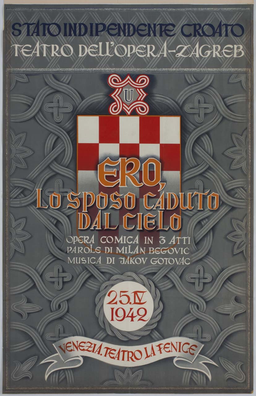 stemma dello Stato Indipendente di Croazia su fondo con nastri intrecciati (manifesto) - ambito croato, ambito italiano (sec. XX)