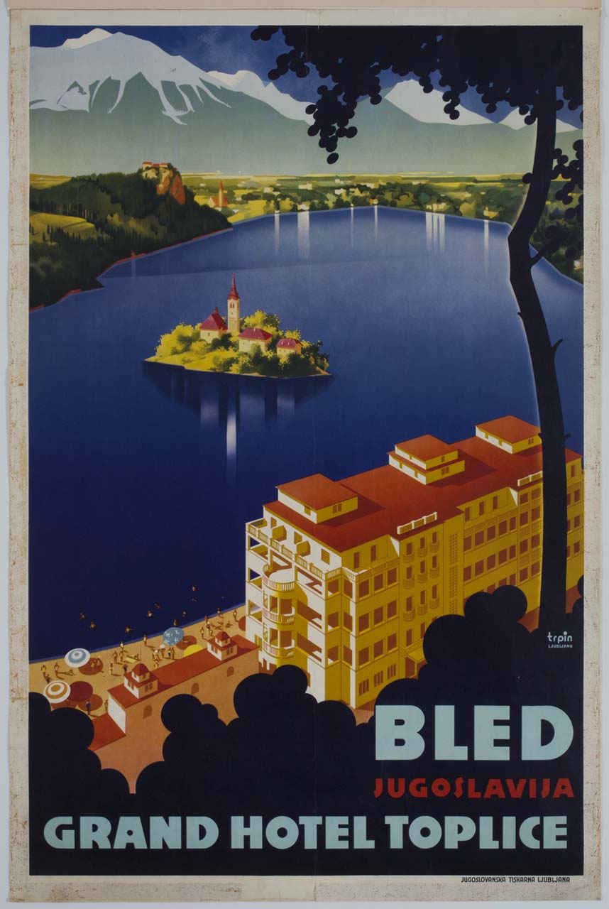 veduta del lago di Bled con il Grand Hotel Tolpice su una riva (manifesto) di Trpin Janez - ambito jugoslavo (sec. XX)