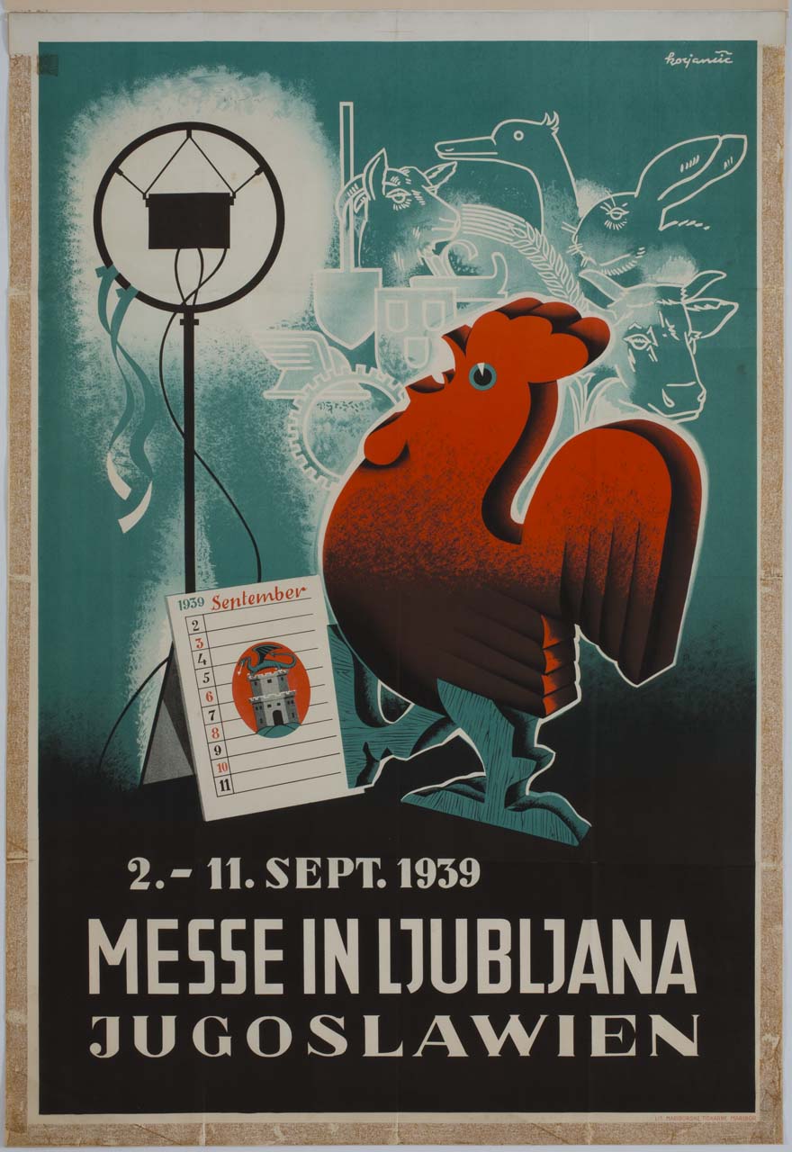 gallo davanti ad un microfono e ad un calendario (manifesto) di Kocjancic Peter (sec. XX)