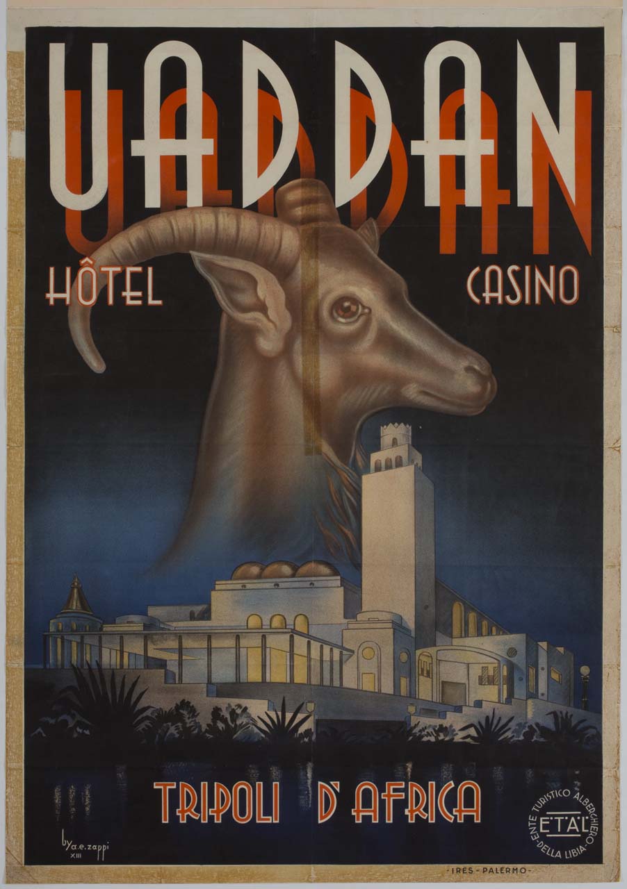 testa di antilope sull'Hotel Casinò Uaddan a Tripoli (manifesto) di Zappi Angelo Enrico (sec. XX)