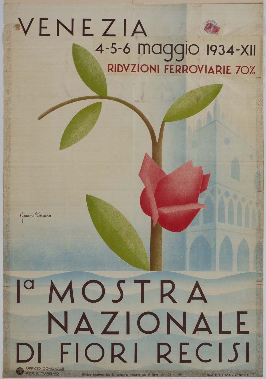 bocciolo di rosa su gambo con foglie e Palazzo Ducale sullo sfondo (manifesto) di Potenza Gianni - ambito italiano (sec. XX)