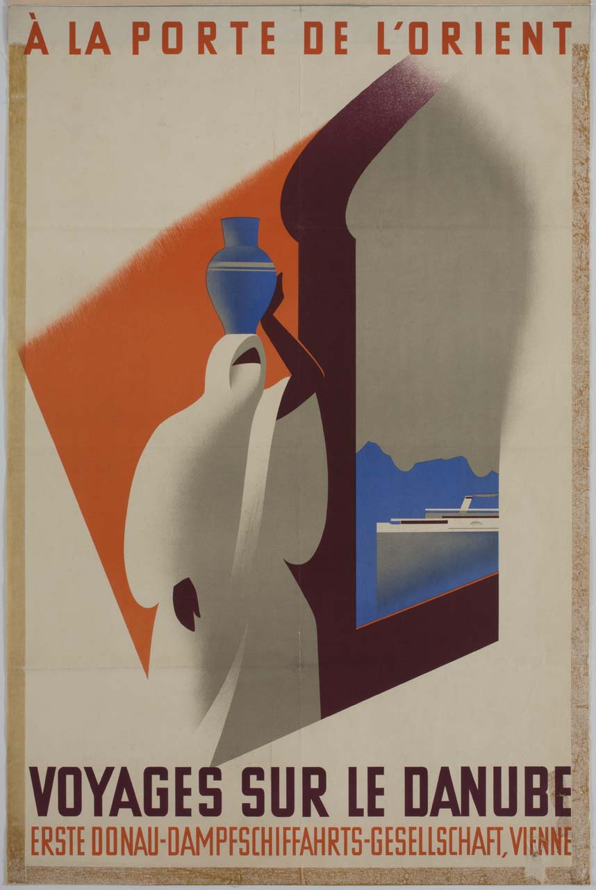 donna velata con vaso sulla testa e nave da crociera sullo sfondo (manifesto) - ambito austriaco (sec. XX)