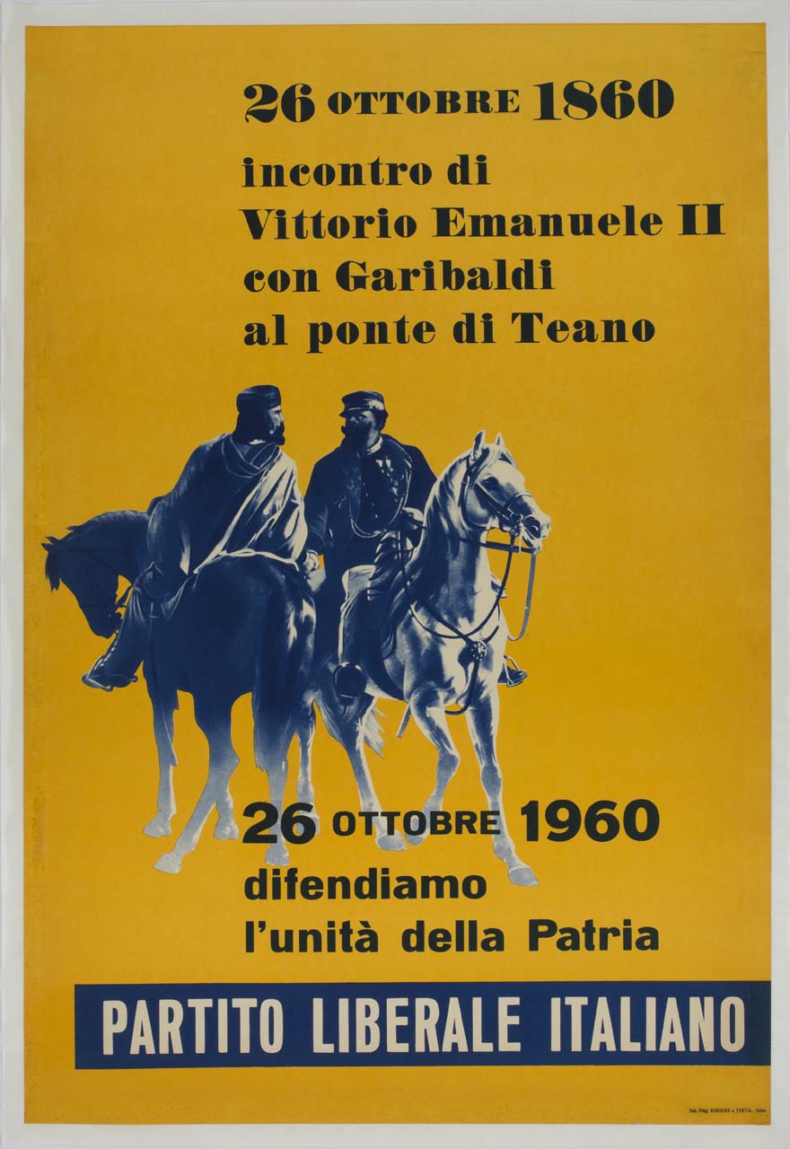 incontro tra Vittorio Emanuele II e Garibaldi a cavallo (manifesto) - ambito italiano (sec. XX)