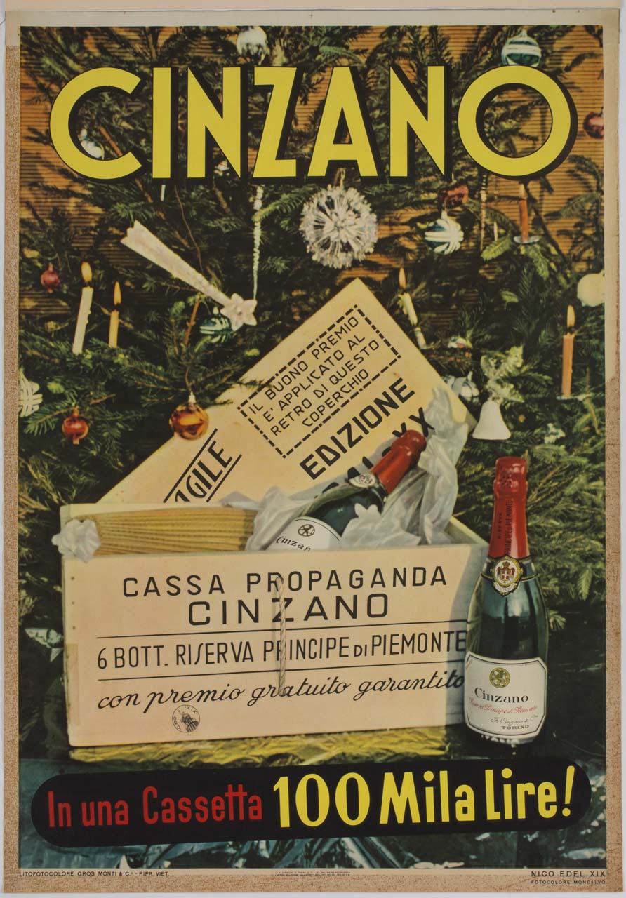 cassa di Cinzano sotto l'albero di Natale (manifesto) di Edel Nico (sec. XX)